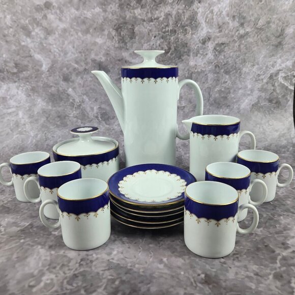 VTG Medaillon RENNER Espresso Set Porcelain Blue White Gold Porto Alegre 16 Pc - Picture 1 of 16